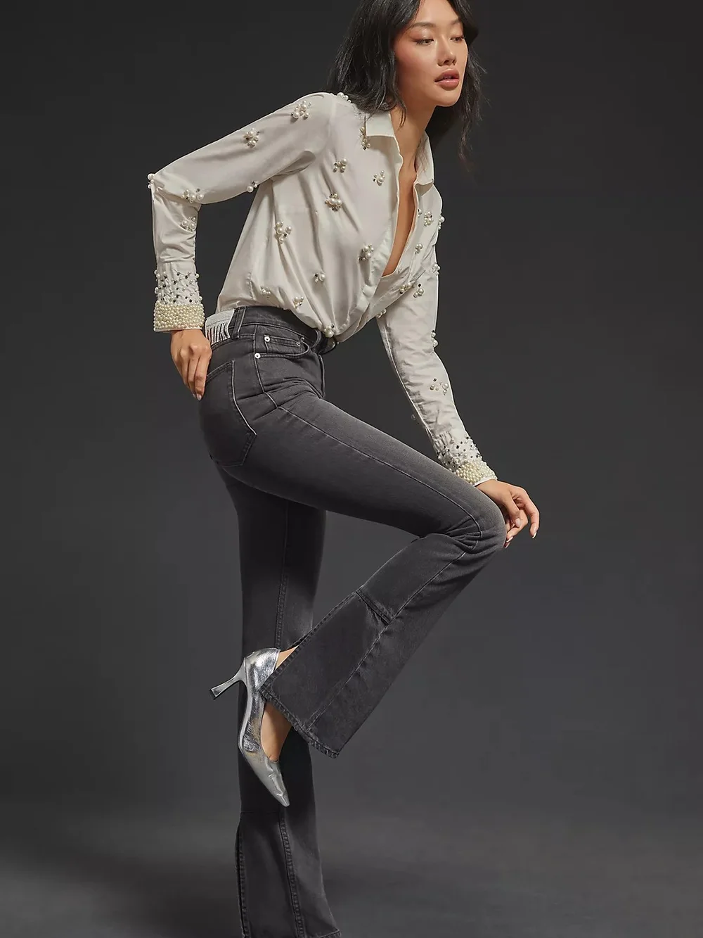 ANTHROPOLOGIE MOTHER SNACKS! HIGH RISE MOUTHWATERING BLACK WEDGE SLIT JEANS 31